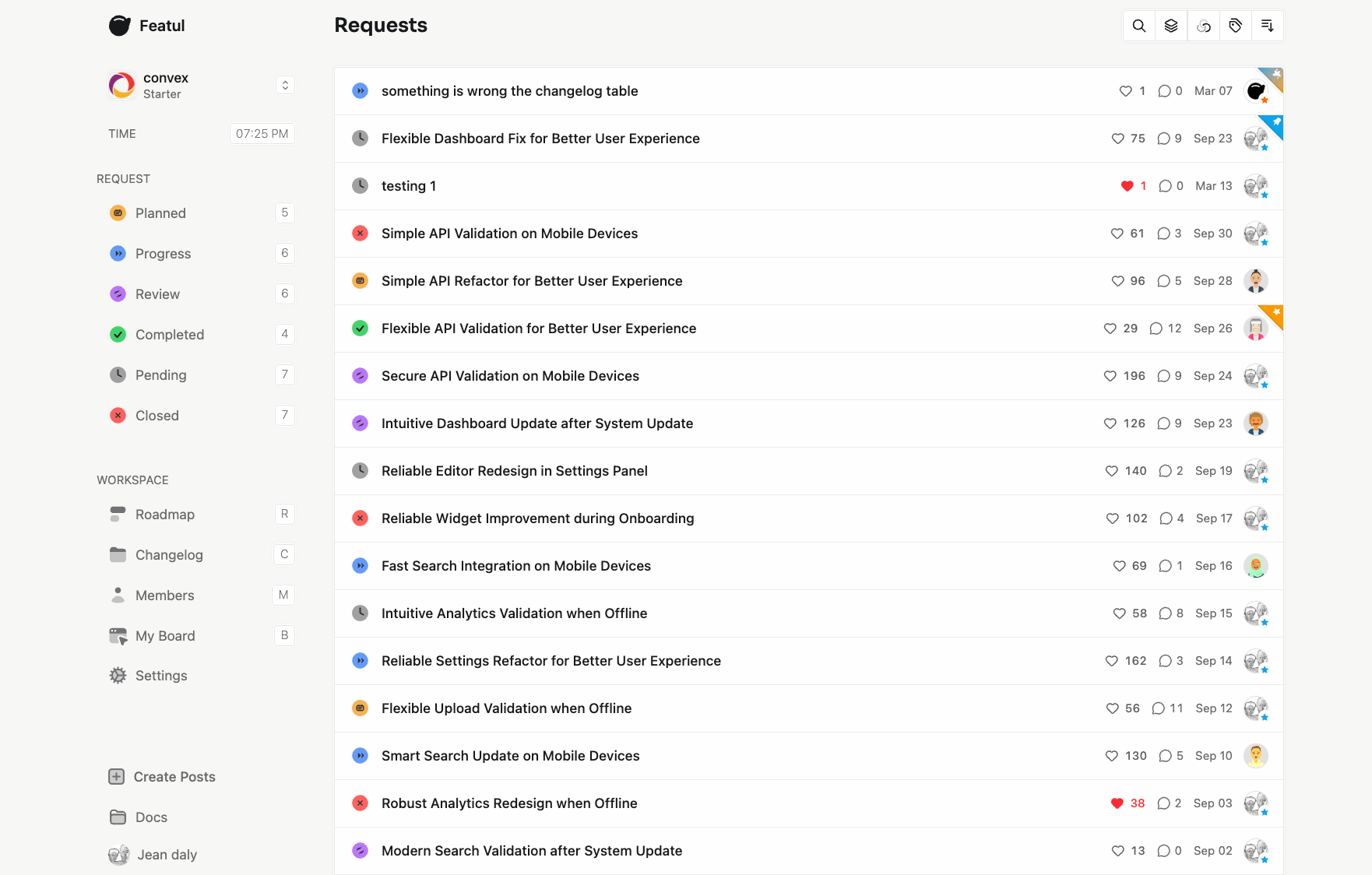 featul dashboard preview – product dashboard screenshot showing feedback management interface
