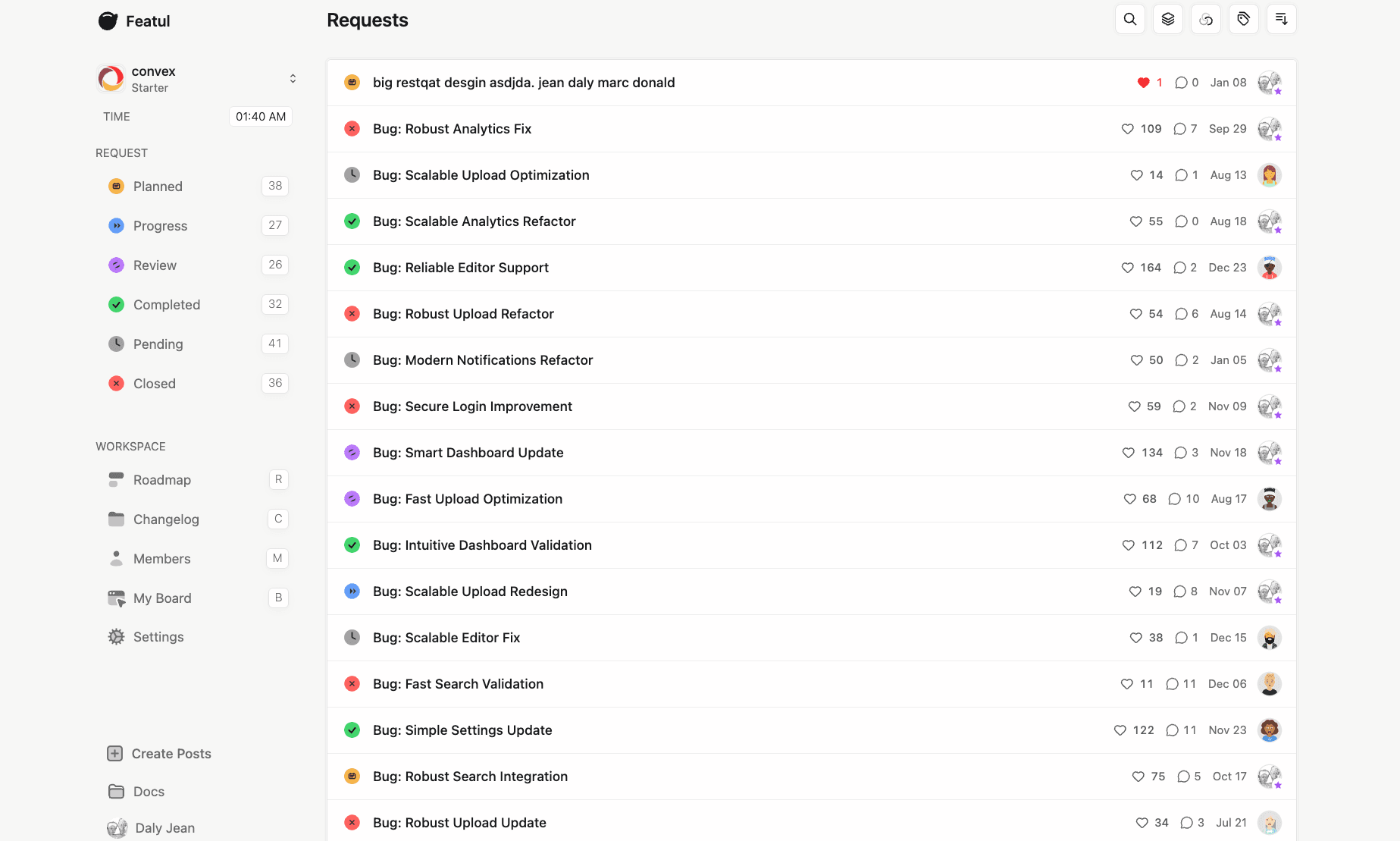 featul dashboard preview – product dashboard screenshot showing feedback management interface