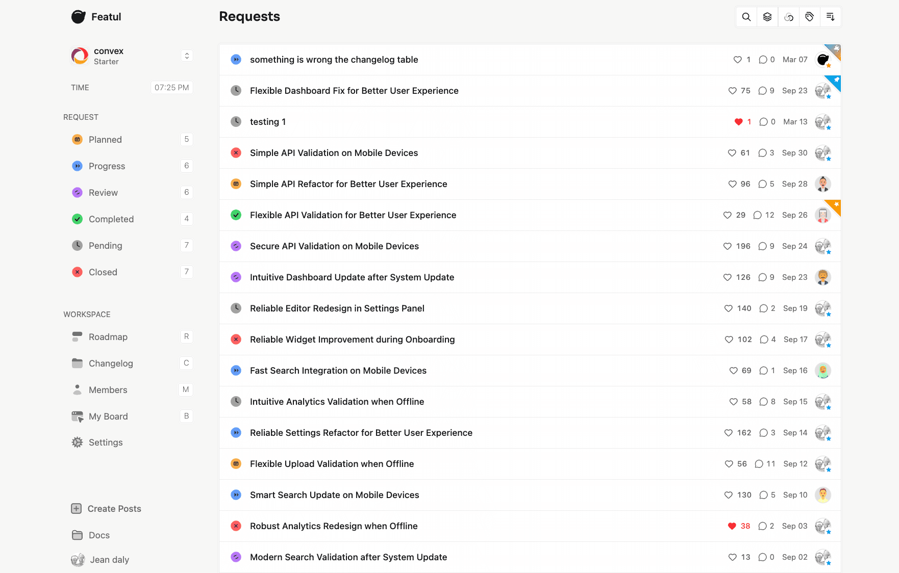 Workspace dashboard with request statuses and counts