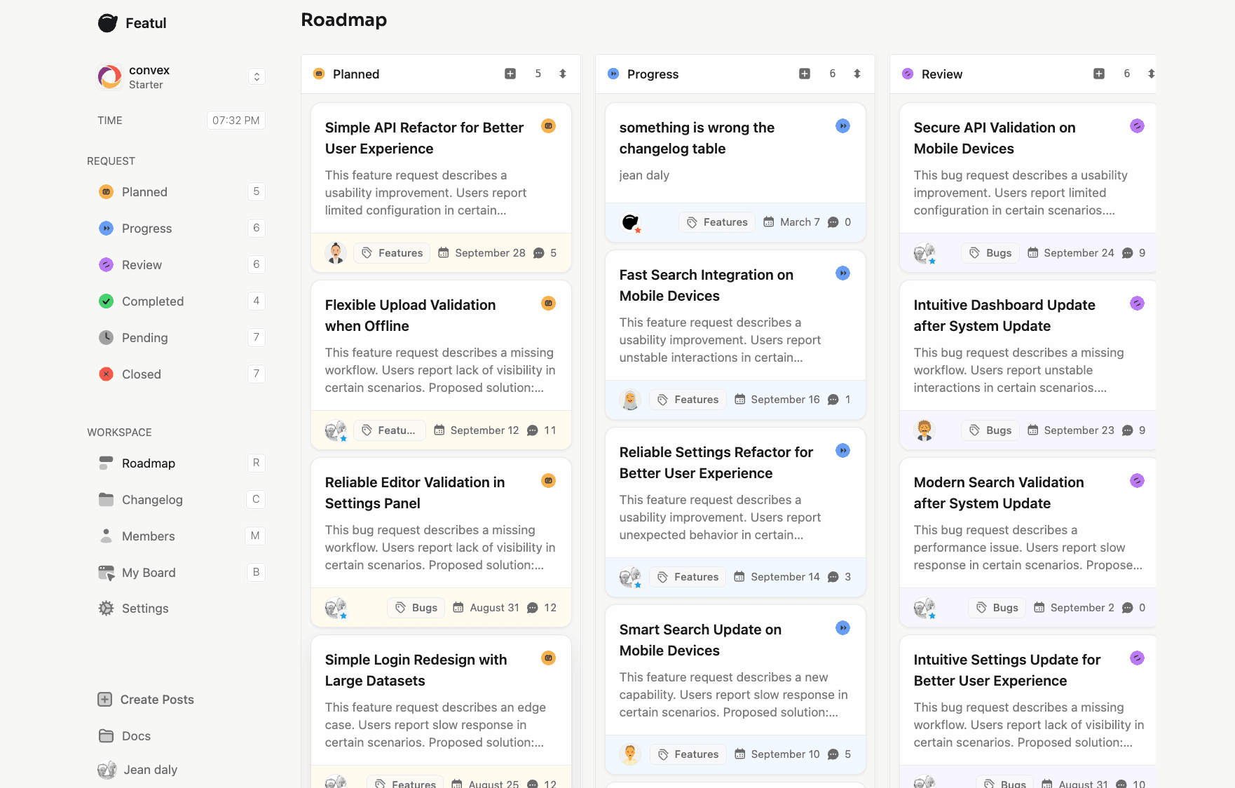 Public roadmap showing planned, in-progress, and completed features